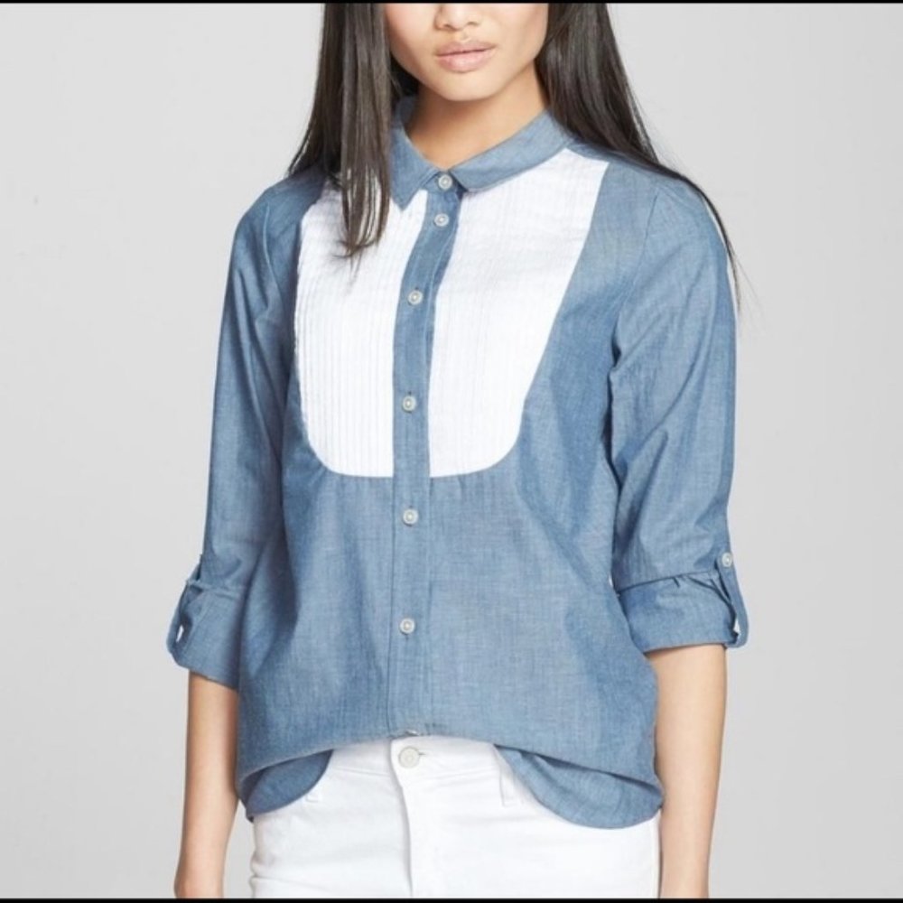 Kate Spade Blue Chambray/White Tuxedo Shirt Sz 10